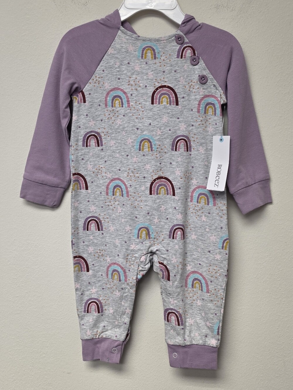 Robeez Rainbow Hooded One Piece Organic Cotton Heather Grey Lavender 12M